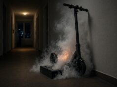 E-Scooter-Akku löst Wohnungsbrand aus – drei Rauchgasverletzte Symbolbild: E-Scooter mit rauchendem Lithium-Akku im Wohnungsflur. Foto: Symbolbild (KI)/FerencSymbolbild: E-Scooter mit rauchendem Lithium-Akku im Wohnungsflur