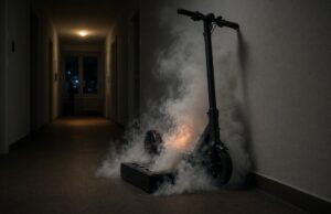 E-Scooter-Akku löst Wohnungsbrand aus – drei Rauchgasverletzte Symbolbild: E-Scooter mit rauchendem Lithium-Akku im Wohnungsflur. Foto: Symbolbild (KI)/FerencSymbolbild: E-Scooter mit rauchendem Lithium-Akku im Wohnungsflur