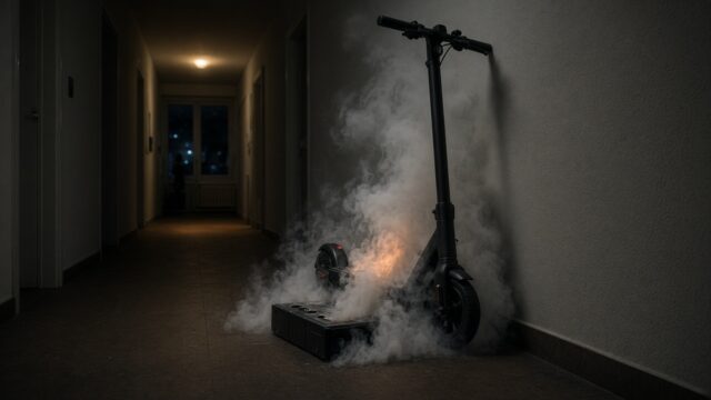 Symbolbild: E-Scooter mit rauchendem Lithium-Akku im Wohnungsflur. Foto: Symbolbild (KI)/FerencSymbolbild: E-Scooter mit rauchendem Lithium-Akku im Wohnungsflur