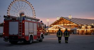 Wiesn 2026: Feuerwehr München bilanziert ruhigen Betrieb – schwerer Betriebsunfall am Schlusstag KI-generiertes Bild: rotes Löschfahrzeug auf einem gepflasterten Festplatz, dahinter ein beleuchtetes Riesenrad und ein Festzelt in der Dämmerung, zwei Feuerwehrleute von hinten.