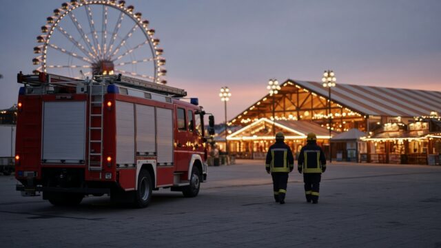wiesn_kandidat_KI_feuerwehr_festgelaende KI-generiertes Bild: rotes Löschfahrzeug auf einem gepflasterten Festplatz, dahinter ein beleuchtetes Riesenrad und ein Festzelt in der Dämmerung, zwei Feuerwehrleute von hinten.